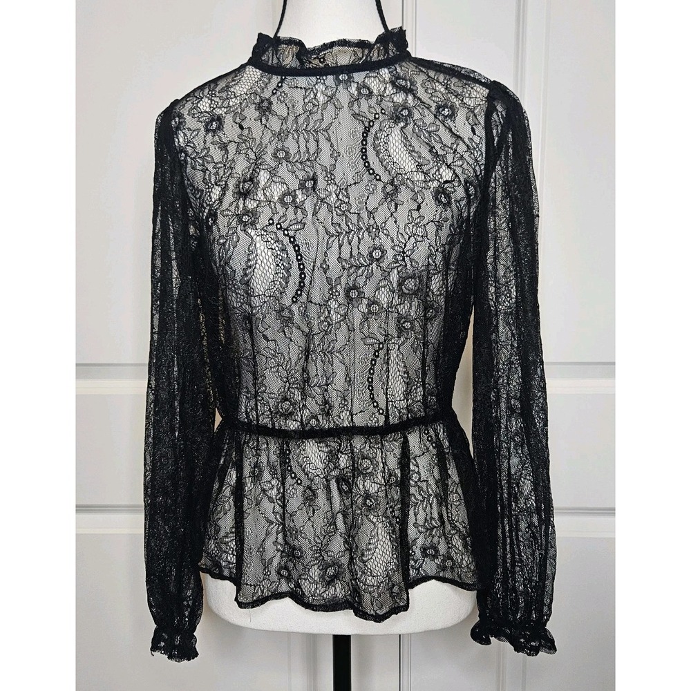 Banana Republic Lace Sheer Higg Neck Longsleeve Top Size Small‎ Peplum Goth